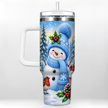 Winter Snowman 40oz Tumbler with Handle, Snowy Stainless Steel Cup