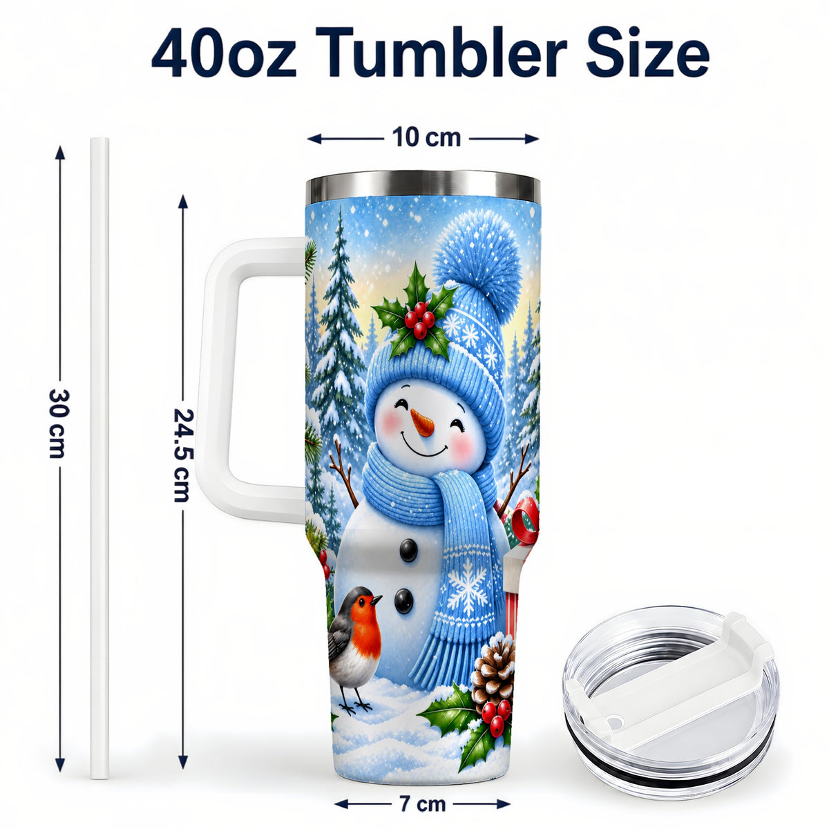#pl[40oz|White] Winter Snowman 40oz Tumbler with Handle, Snowy Stainless Steel Cup