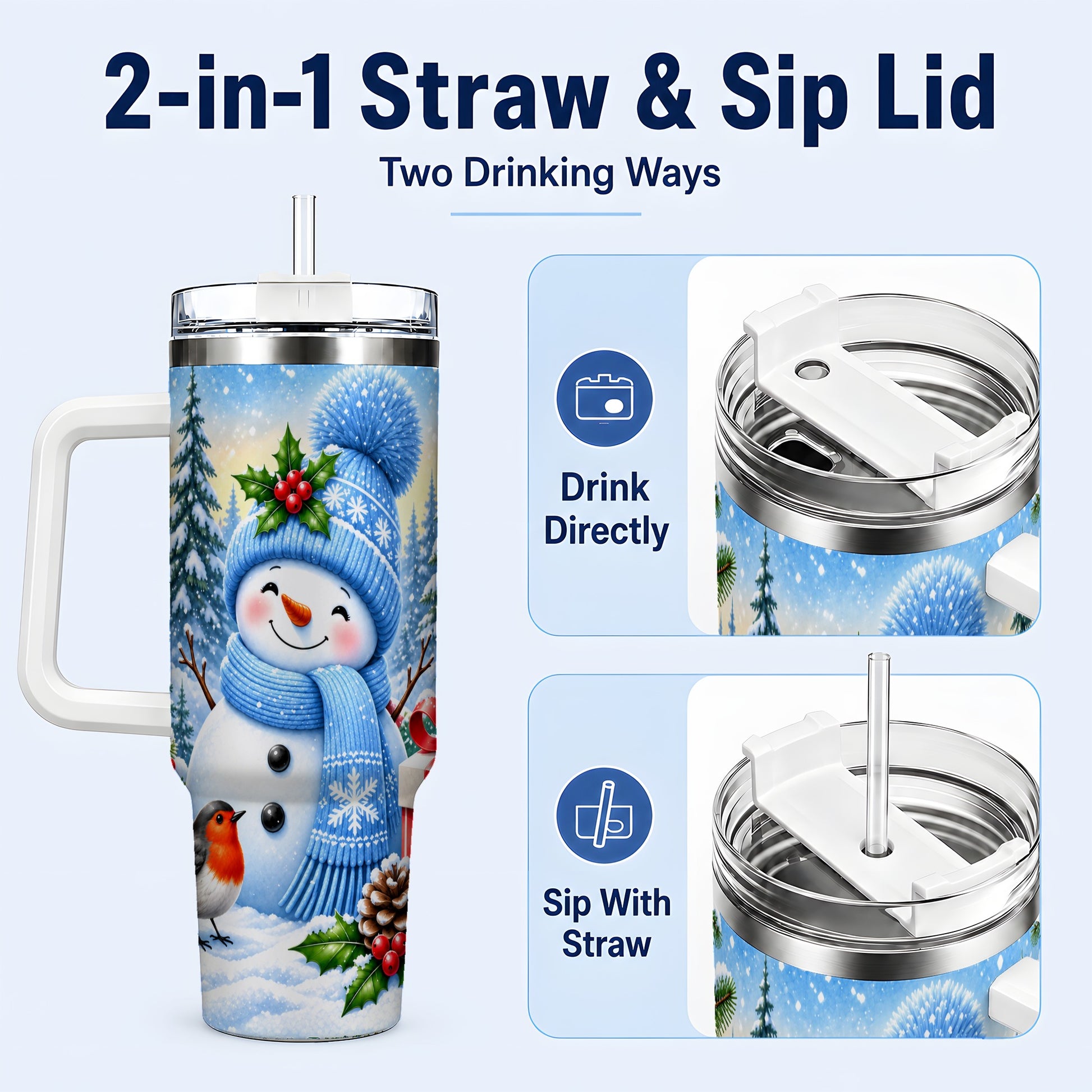 #pl[40oz|White] Winter Snowman 40oz Tumbler with Handle, Snowy Stainless Steel Cup