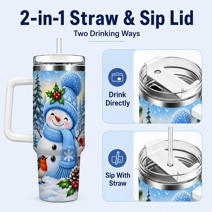 #pl[40oz|White] Winter Snowman 40oz Tumbler with Handle, Snowy Stainless Steel Cup