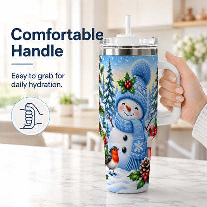 #pl[40oz|White] Winter Snowman 40oz Tumbler with Handle, Snowy Stainless Steel Cup