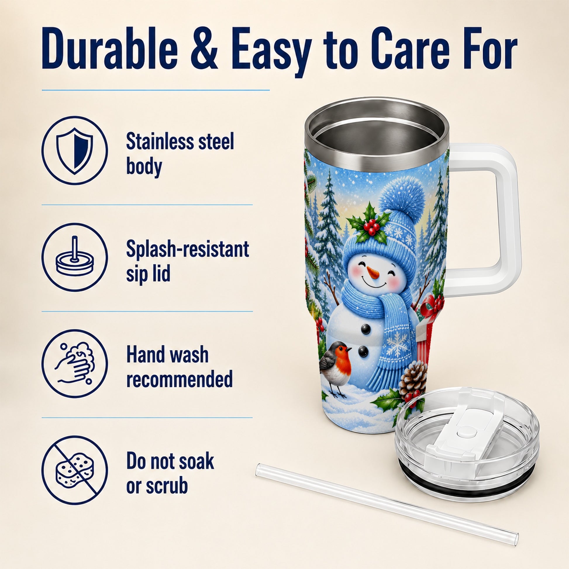 #pl[40oz|White] Winter Snowman 40oz Tumbler with Handle, Snowy Stainless Steel Cup