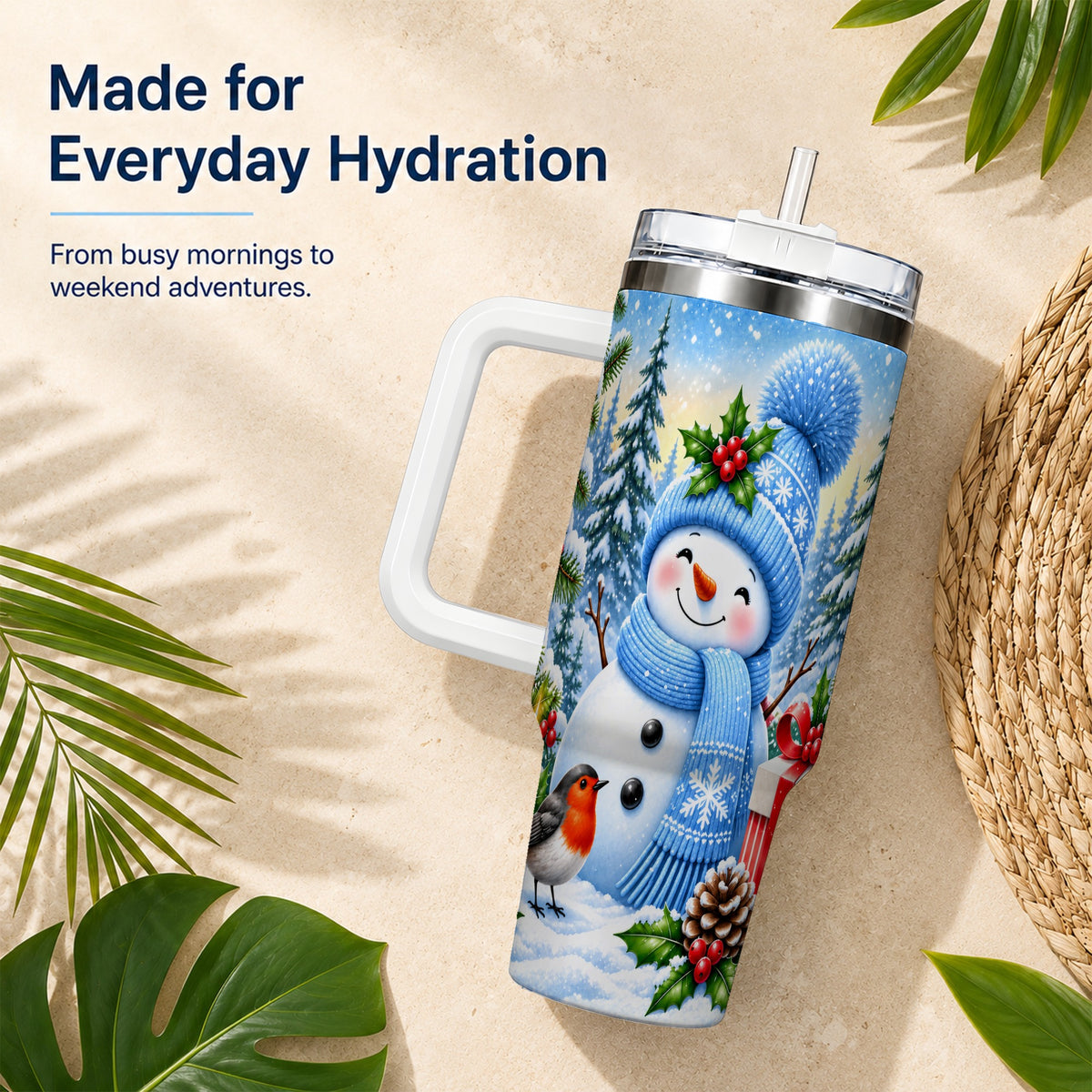 #pl[40oz|White] Winter Snowman 40oz Tumbler with Handle, Snowy Stainless Steel Cup