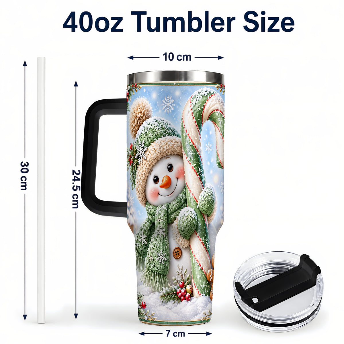 #pl[40oz|Black] Snowman Candy Cane 40oz Tumbler with Handle, Christmas Travel Cup