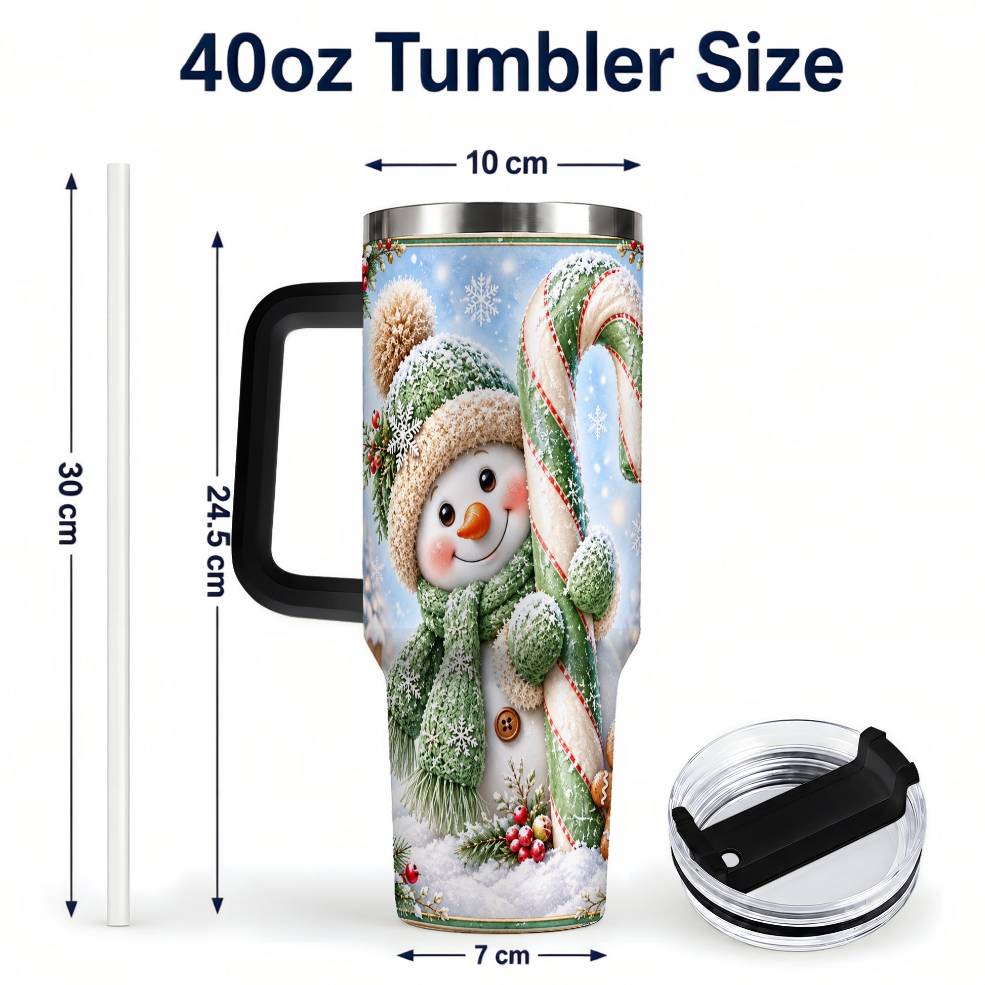 #pl[40oz|Black] Snowman Candy Cane 40oz Tumbler with Handle, Christmas Travel Cup