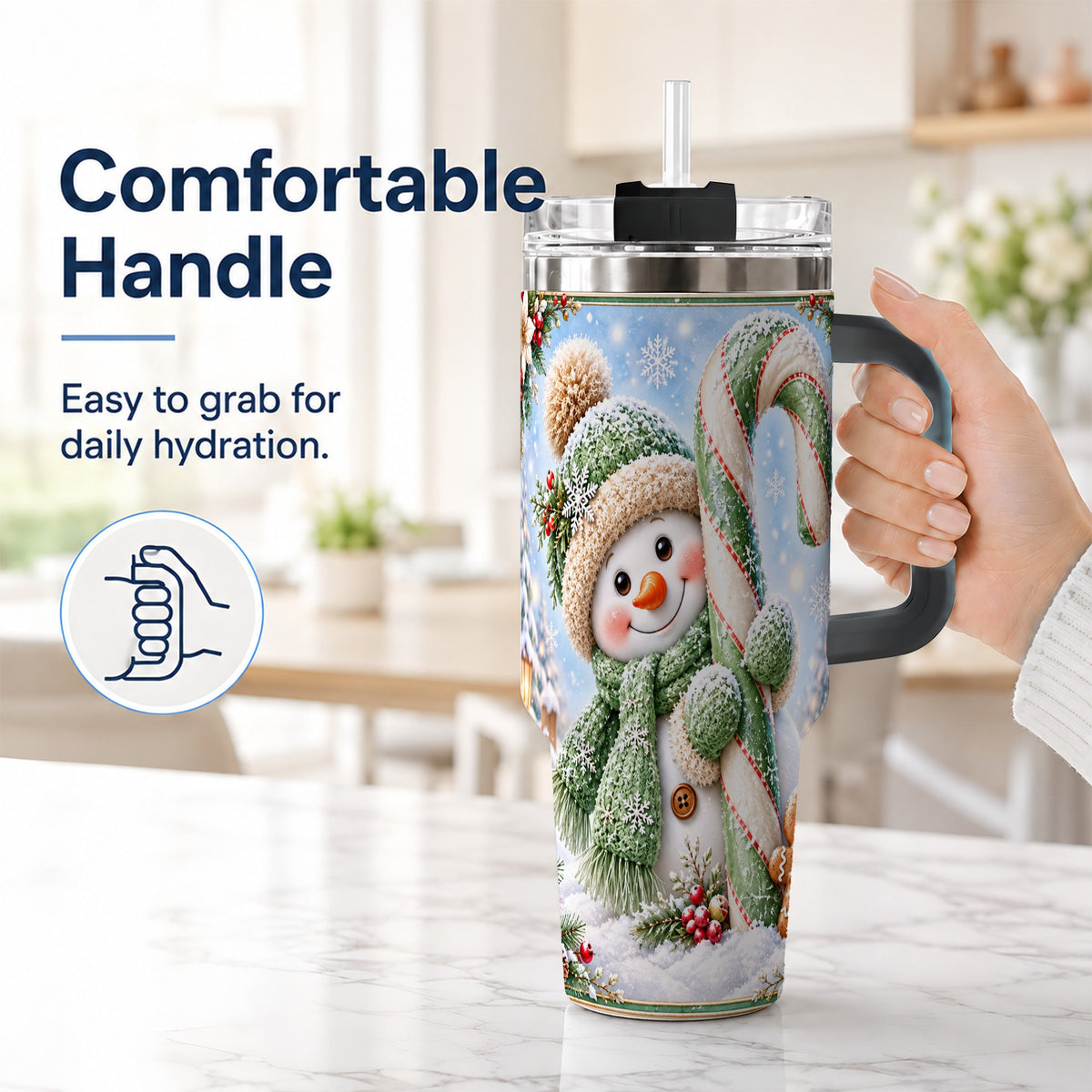 #pl[40oz|Black] Snowman Candy Cane 40oz Tumbler with Handle, Christmas Travel Cup