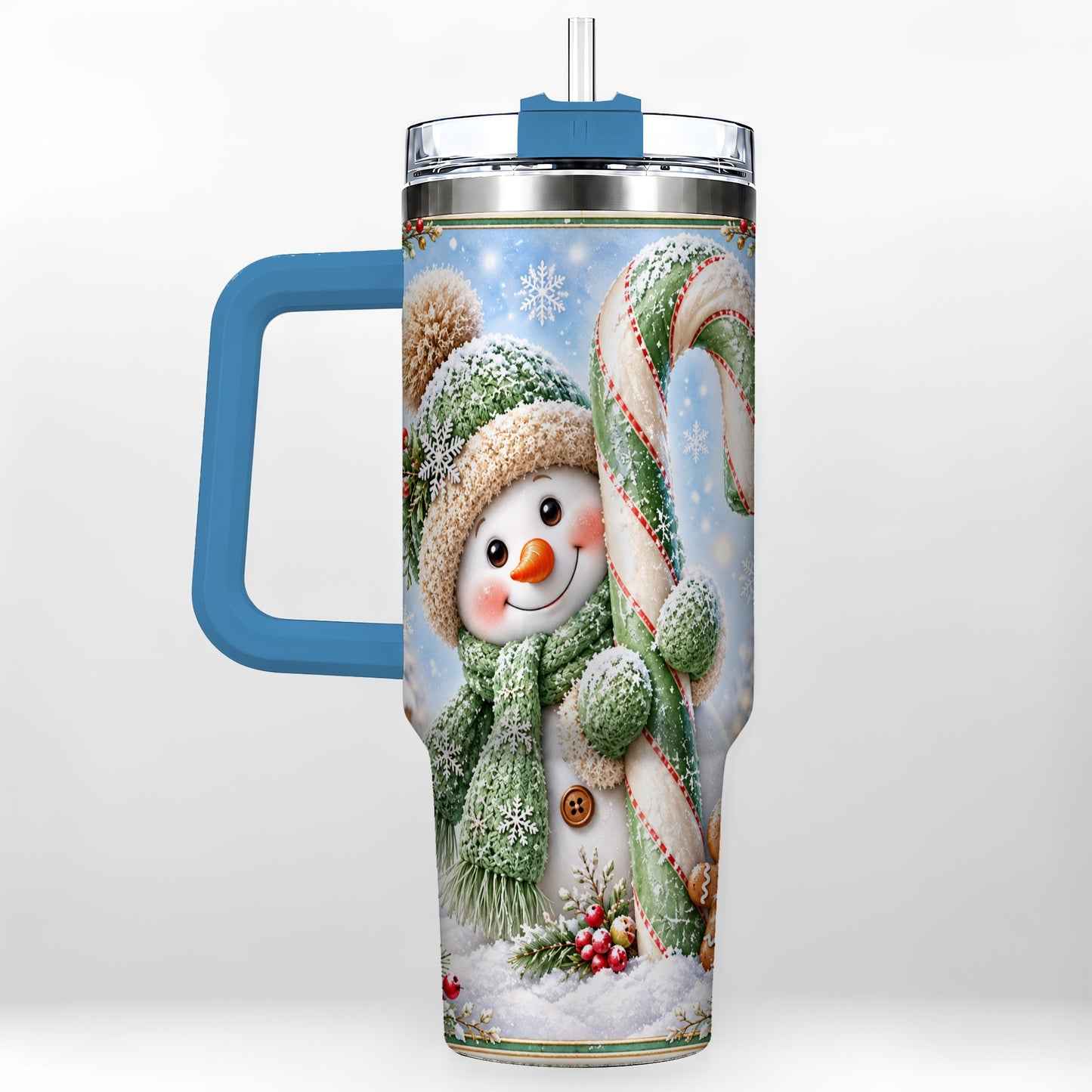 #pl[40oz|Blue] Snowman Candy Cane 40oz Tumbler with Handle, Christmas Travel Cup