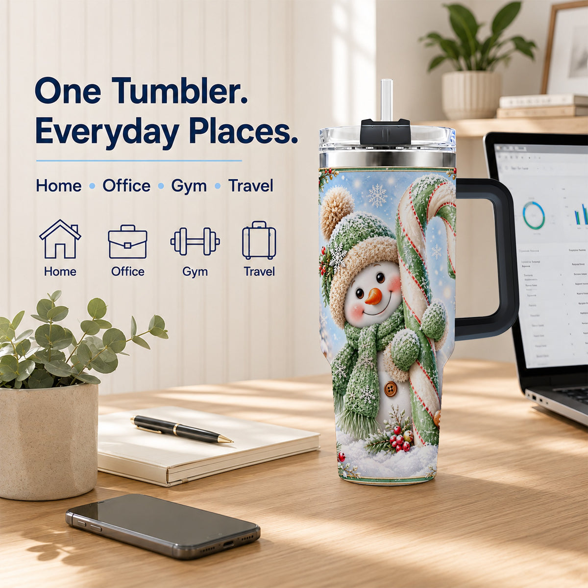 #pl[40oz|Black] Snowman Candy Cane 40oz Tumbler with Handle, Christmas Travel Cup