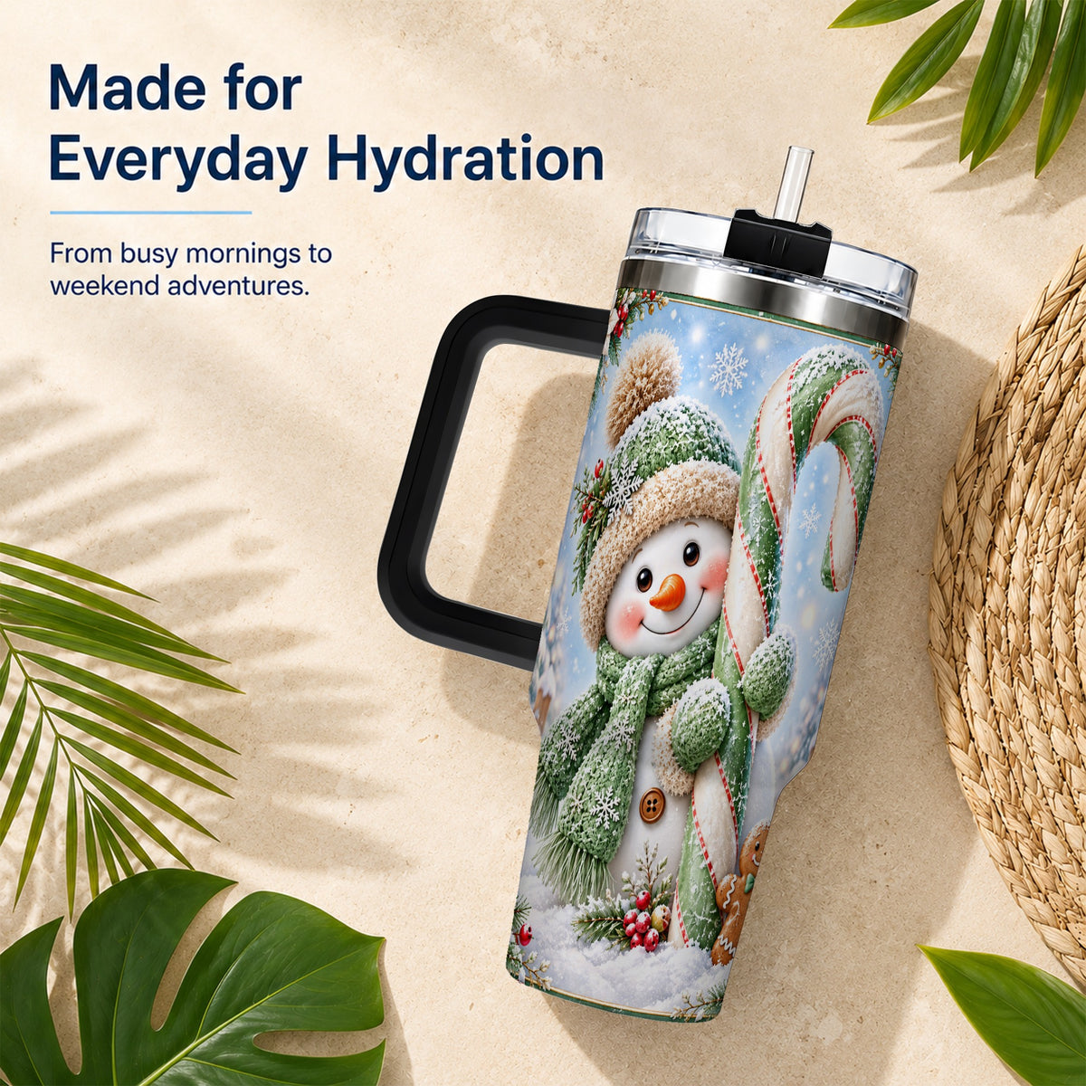 #pl[40oz|Black] Snowman Candy Cane 40oz Tumbler with Handle, Christmas Travel Cup