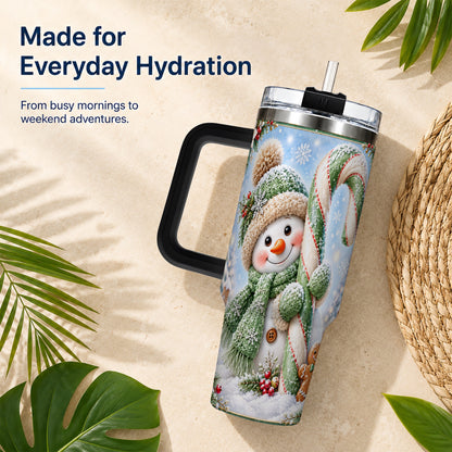 #pl[40oz|Black] Snowman Candy Cane 40oz Tumbler with Handle, Christmas Travel Cup
