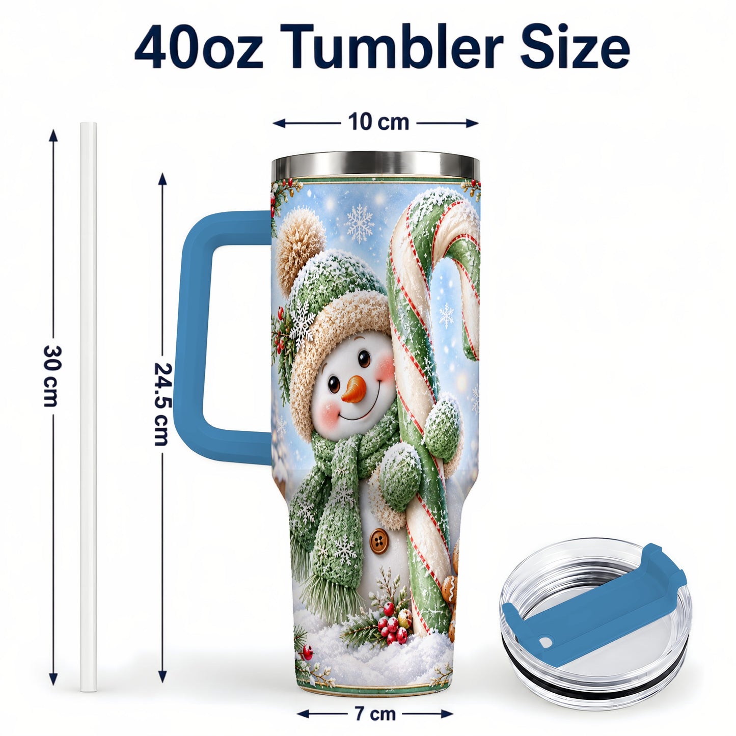 #pl[40oz|Blue] Snowman Candy Cane 40oz Tumbler with Handle, Christmas Travel Cup