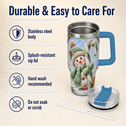 #pl[40oz|Blue] Snowman Candy Cane 40oz Tumbler with Handle, Christmas Travel Cup