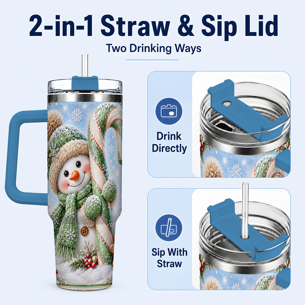 #pl[40oz|Blue] Snowman Candy Cane 40oz Tumbler with Handle, Christmas Travel Cup