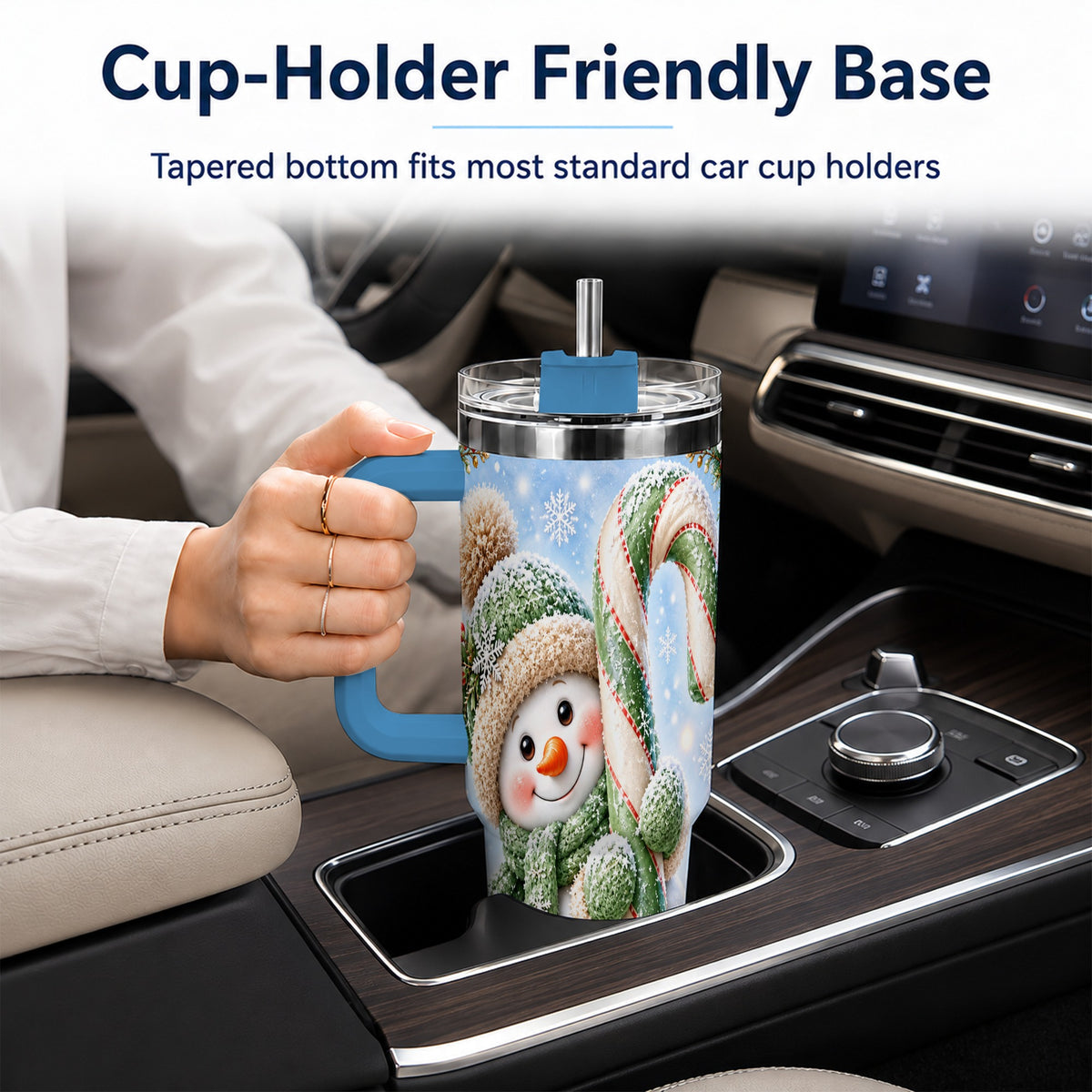 #pl[40oz|Blue] Snowman Candy Cane 40oz Tumbler with Handle, Christmas Travel Cup