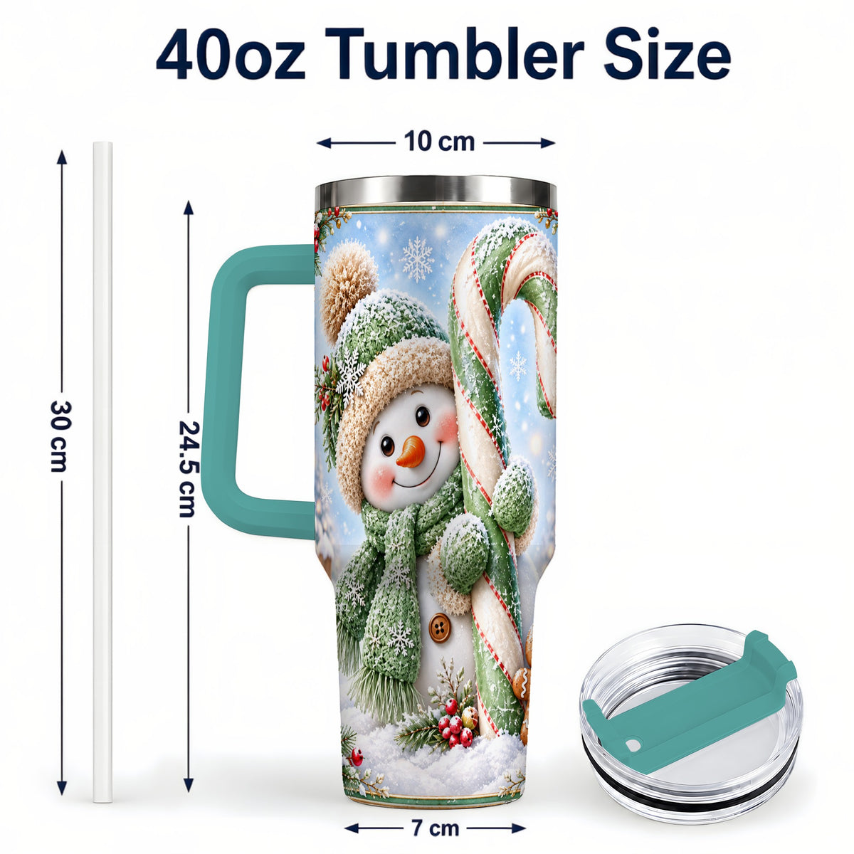 #pl[40oz|Green] Snowman Candy Cane 40oz Tumbler with Handle, Christmas Travel Cup