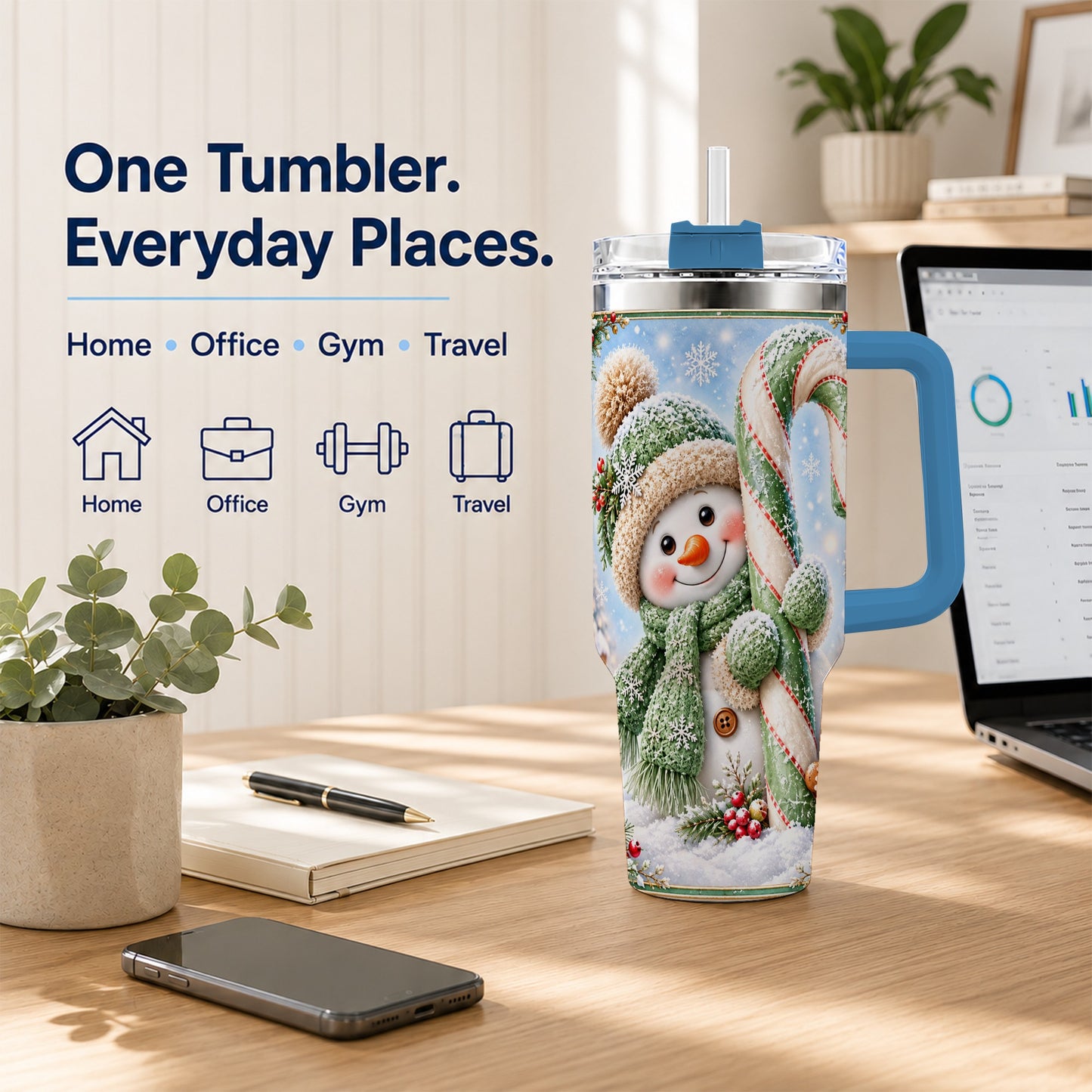 #pl[40oz|Blue] Snowman Candy Cane 40oz Tumbler with Handle, Christmas Travel Cup