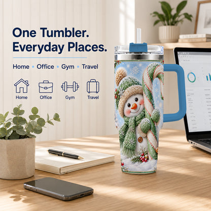 #pl[40oz|Blue] Snowman Candy Cane 40oz Tumbler with Handle, Christmas Travel Cup