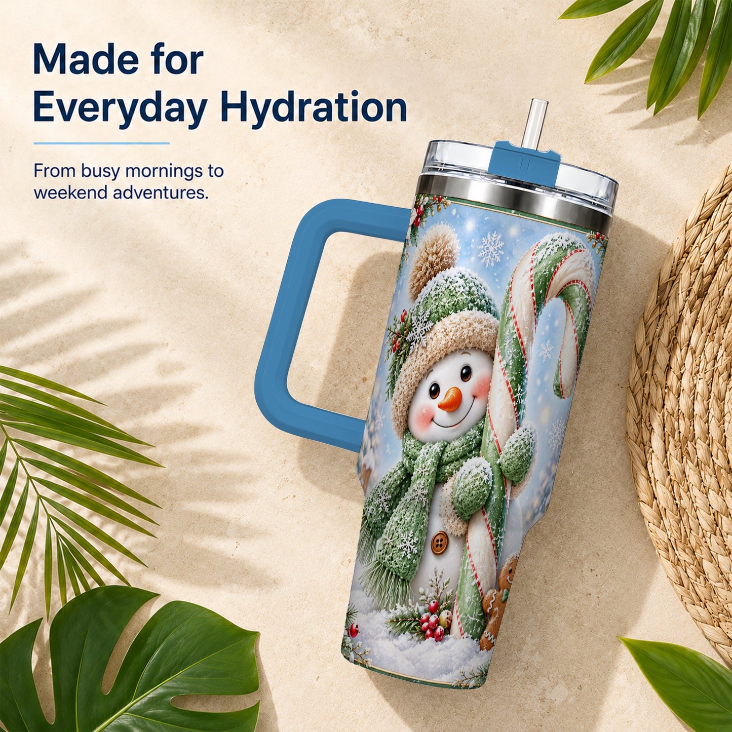 #pl[40oz|Blue] Snowman Candy Cane 40oz Tumbler with Handle, Christmas Travel Cup