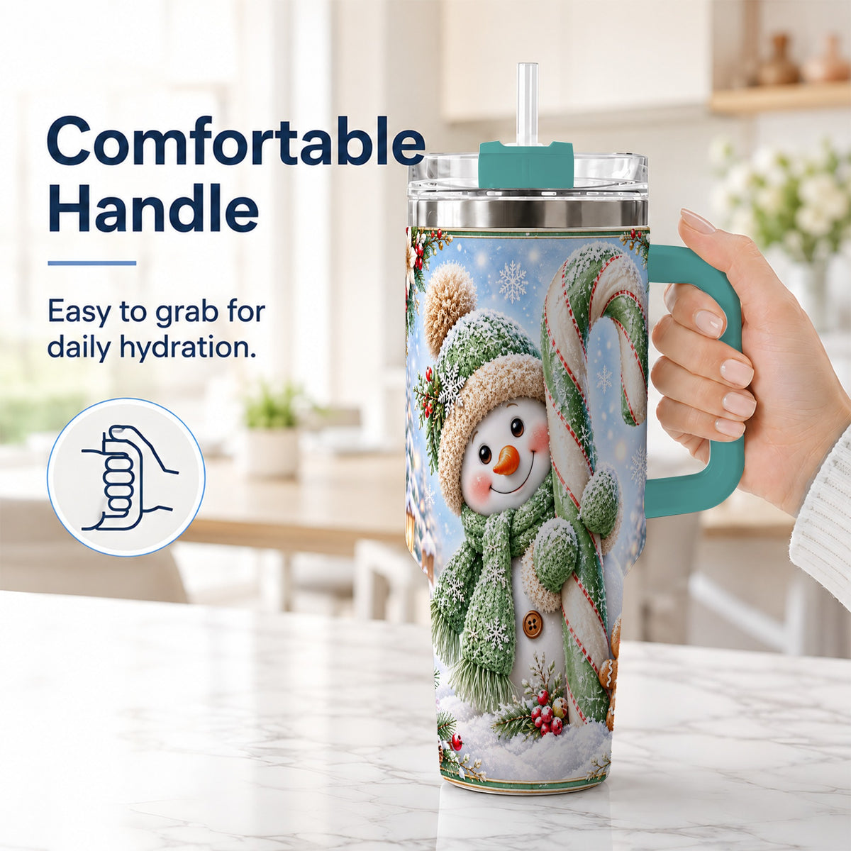 #pl[40oz|Green] Snowman Candy Cane 40oz Tumbler with Handle, Christmas Travel Cup