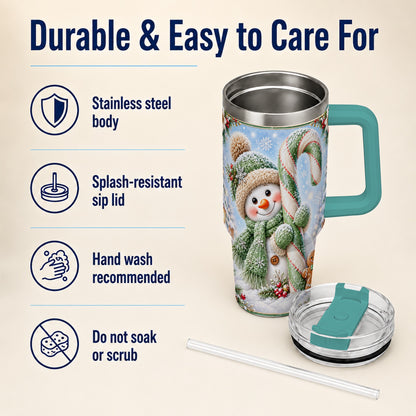 #pl[40oz|Green] Snowman Candy Cane 40oz Tumbler with Handle, Christmas Travel Cup