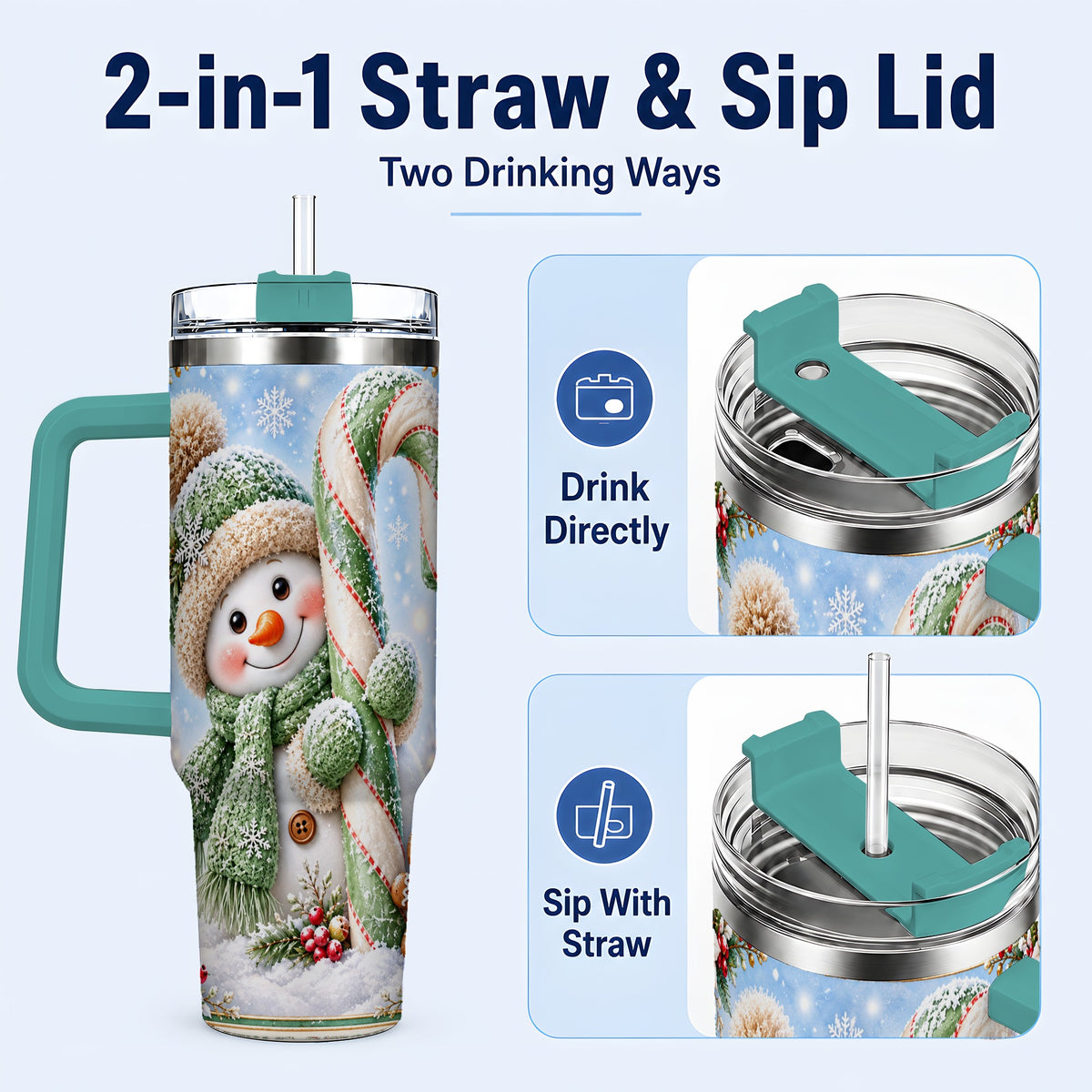 #pl[40oz|Green] Snowman Candy Cane 40oz Tumbler with Handle, Christmas Travel Cup