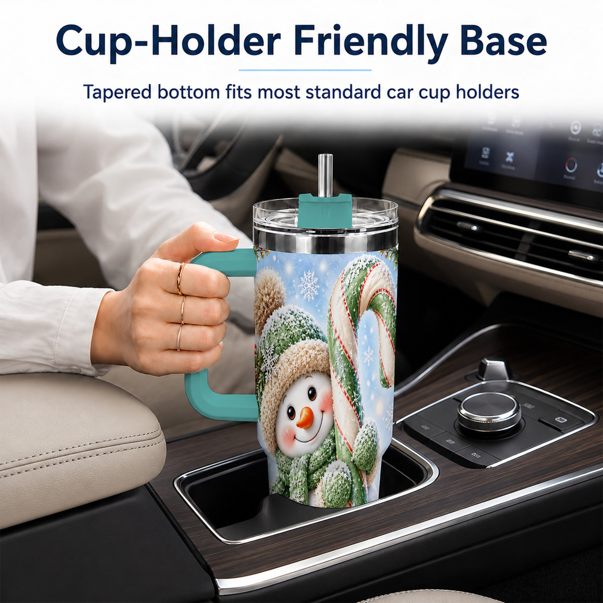 #pl[40oz|Green] Snowman Candy Cane 40oz Tumbler with Handle, Christmas Travel Cup