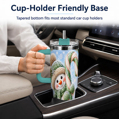 #pl[40oz|Green] Snowman Candy Cane 40oz Tumbler with Handle, Christmas Travel Cup