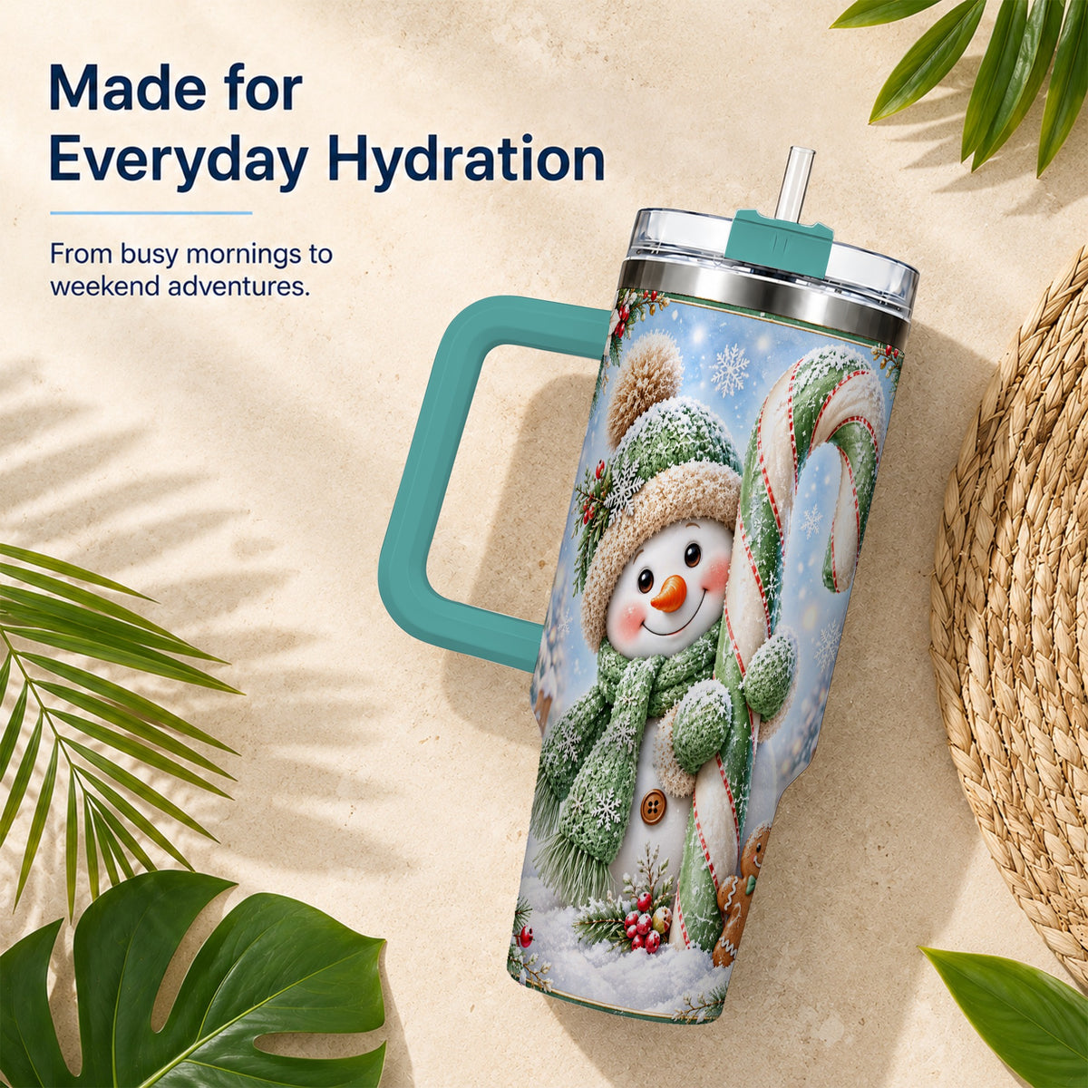 #pl[40oz|Green] Snowman Candy Cane 40oz Tumbler with Handle, Christmas Travel Cup