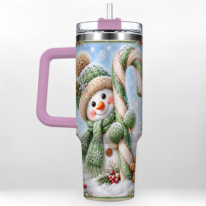 #pl[40oz|Pink] Snowman Candy Cane 40oz Tumbler with Handle, Christmas Travel Cup