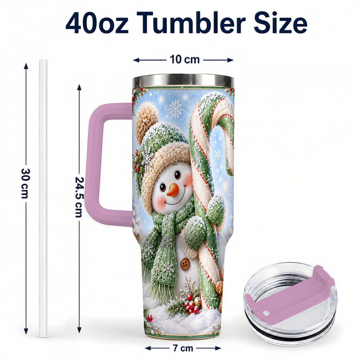 #pl[40oz|Pink] Snowman Candy Cane 40oz Tumbler with Handle, Christmas Travel Cup