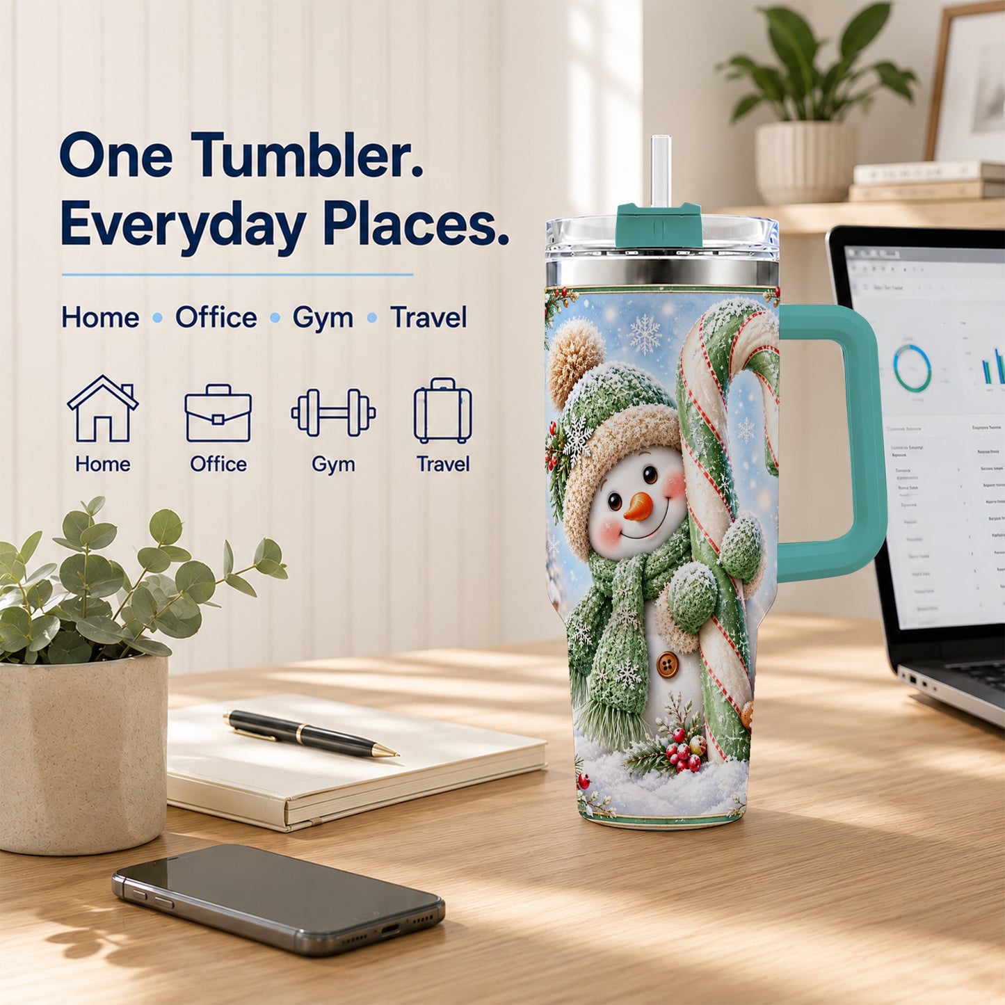 #pl[40oz|Green] Snowman Candy Cane 40oz Tumbler with Handle, Christmas Travel Cup