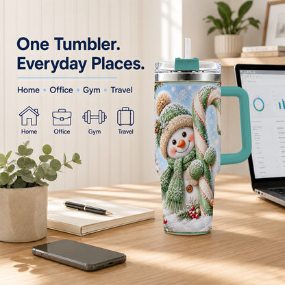#pl[40oz|Green] Snowman Candy Cane 40oz Tumbler with Handle, Christmas Travel Cup
