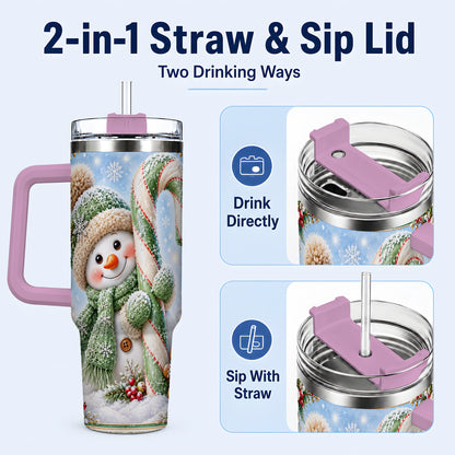 #pl[40oz|Pink] Snowman Candy Cane 40oz Tumbler with Handle, Christmas Travel Cup