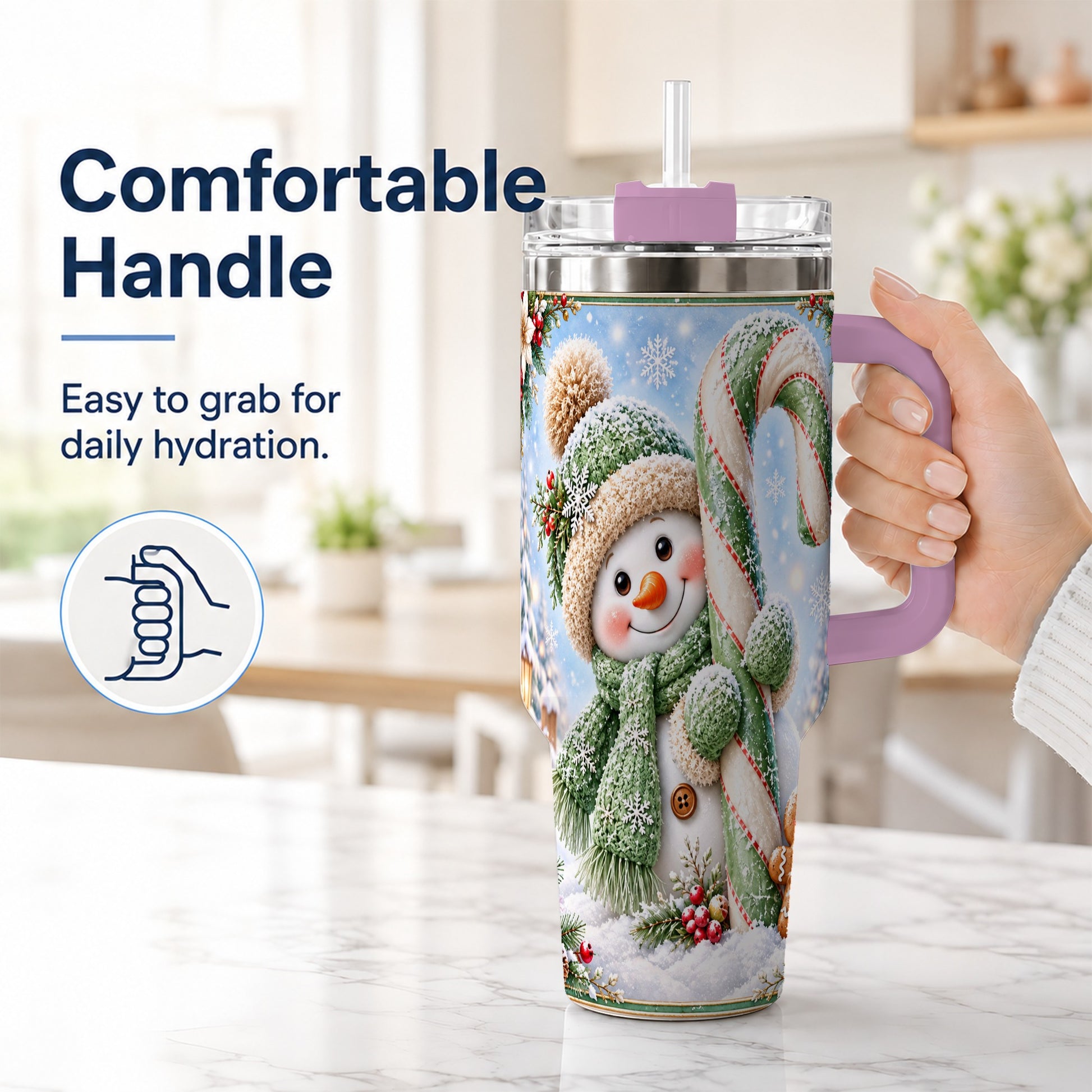 #pl[40oz|Pink] Snowman Candy Cane 40oz Tumbler with Handle, Christmas Travel Cup