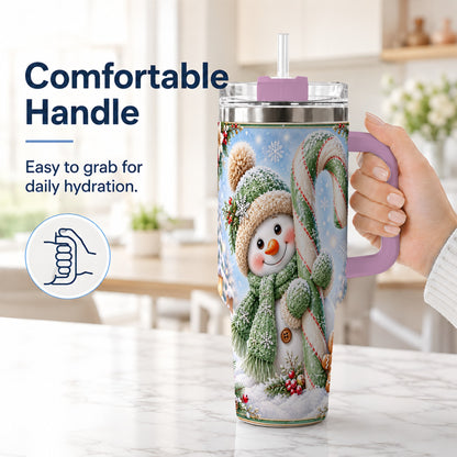 #pl[40oz|Pink] Snowman Candy Cane 40oz Tumbler with Handle, Christmas Travel Cup