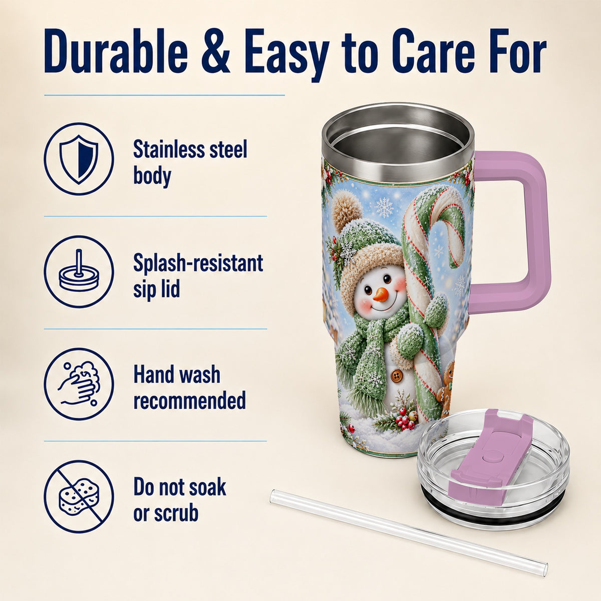 #pl[40oz|Pink] Snowman Candy Cane 40oz Tumbler with Handle, Christmas Travel Cup