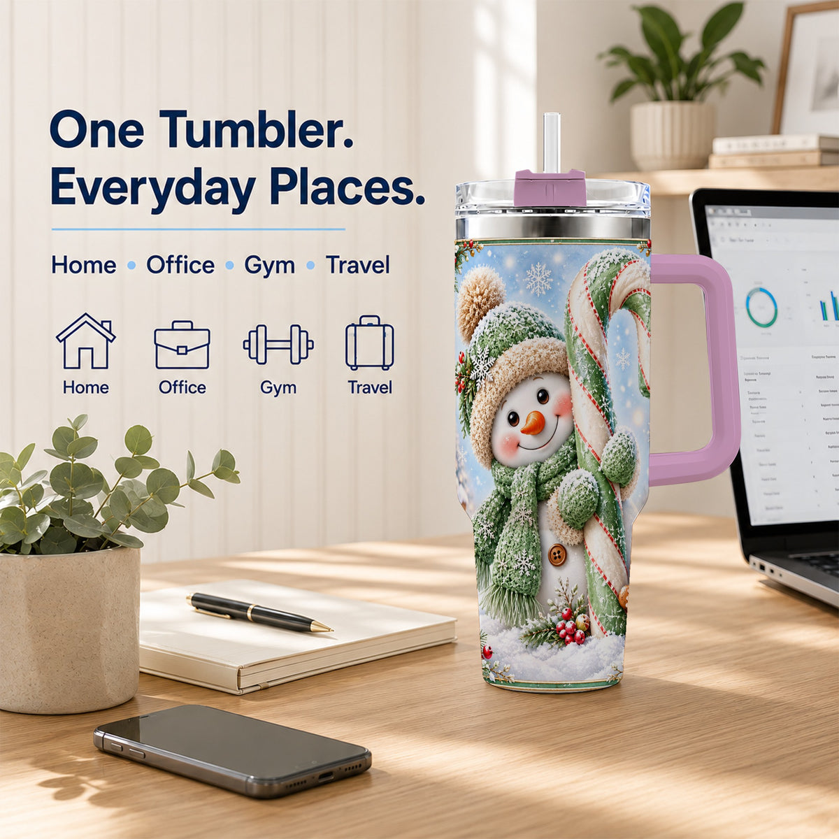 #pl[40oz|Pink] Snowman Candy Cane 40oz Tumbler with Handle, Christmas Travel Cup