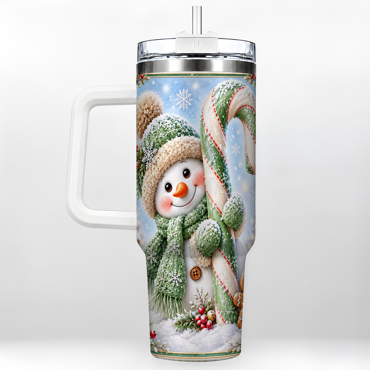 Snowman Candy Cane 40oz Tumbler with Handle, Christmas Travel Cup