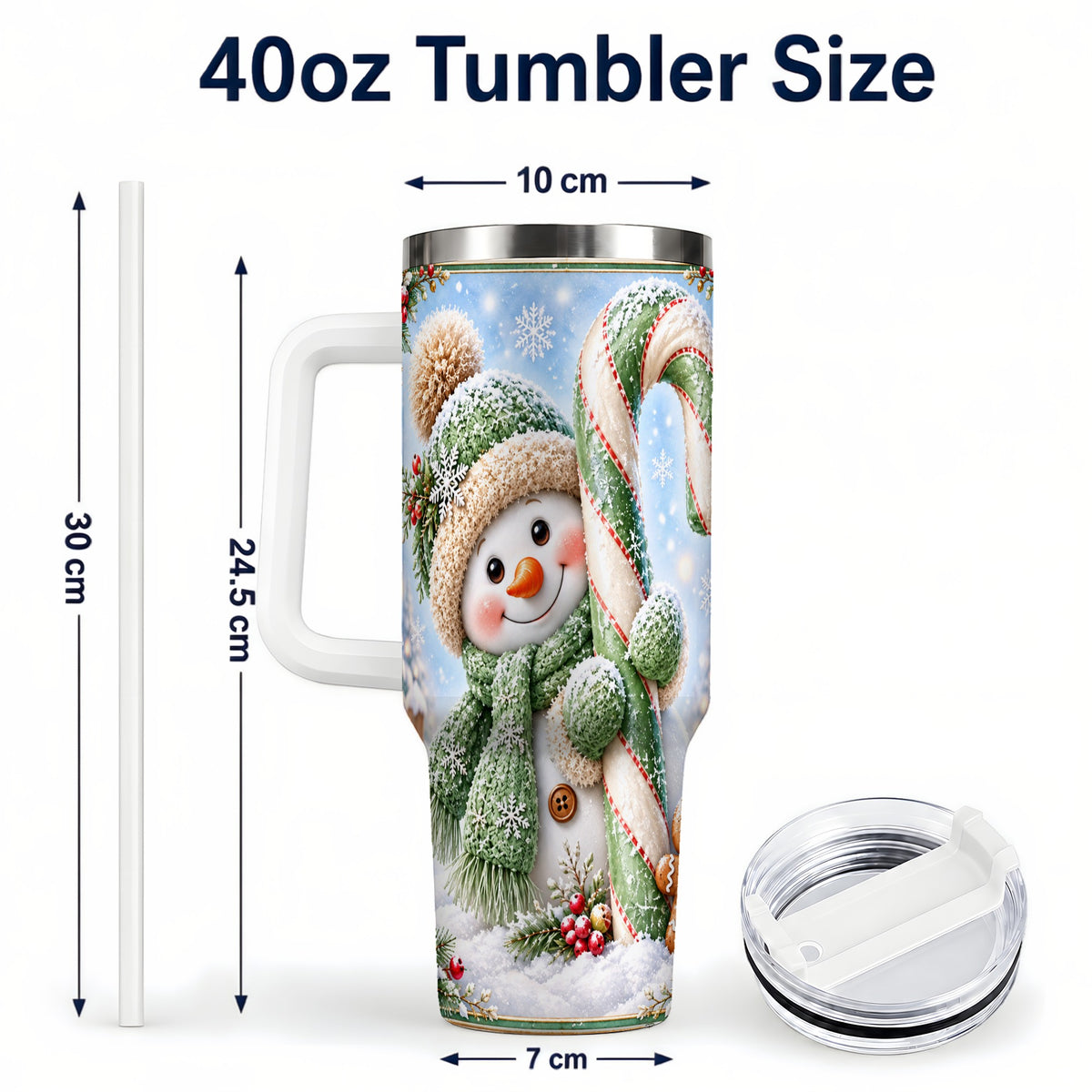 #pl[40oz|White] Snowman Candy Cane 40oz Tumbler with Handle, Christmas Travel Cup