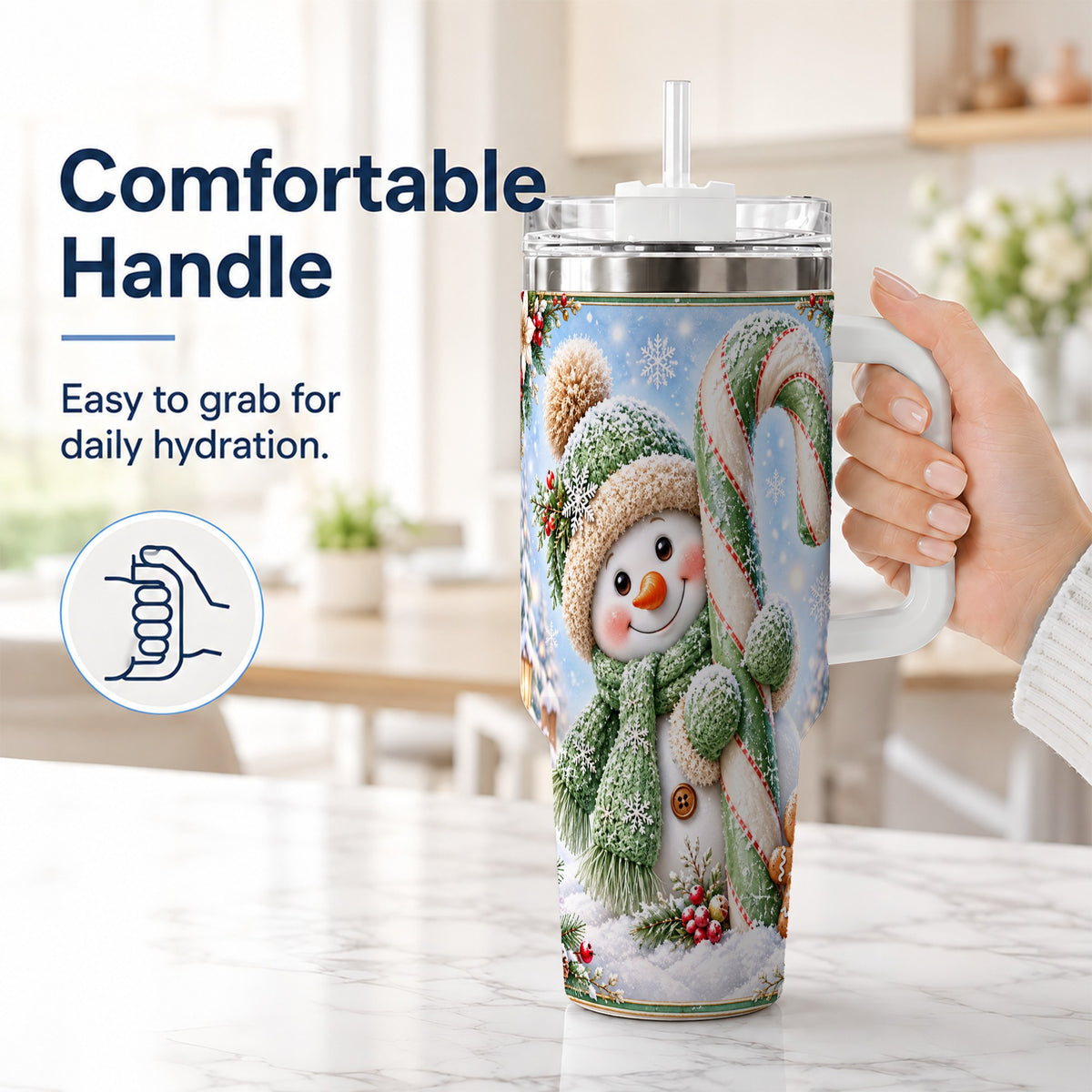 #pl[40oz|White] Snowman Candy Cane 40oz Tumbler with Handle, Christmas Travel Cup