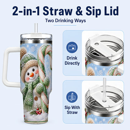 #pl[40oz|White] Snowman Candy Cane 40oz Tumbler with Handle, Christmas Travel Cup
