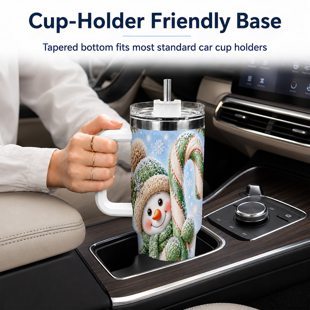 #pl[40oz|White] Snowman Candy Cane 40oz Tumbler with Handle, Christmas Travel Cup