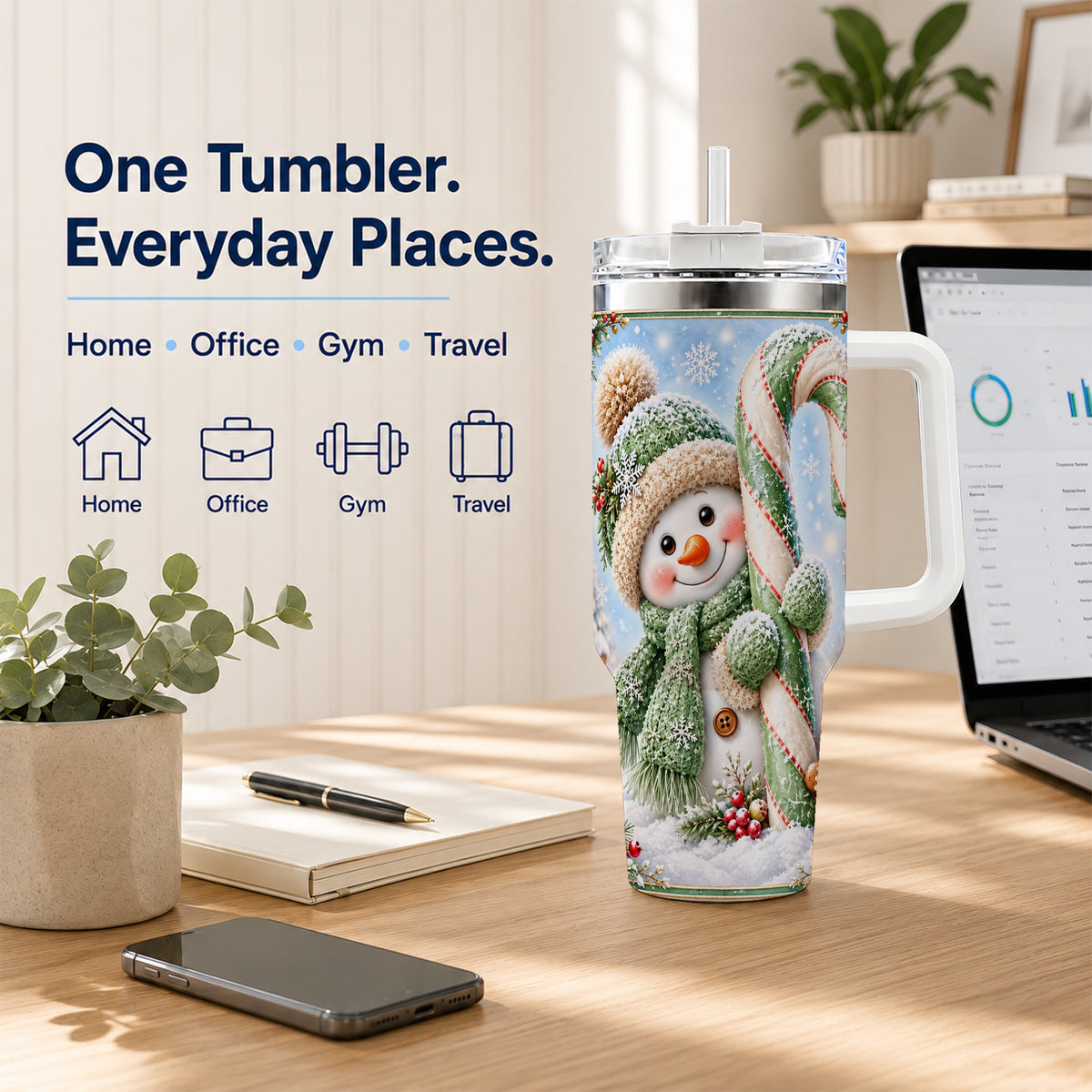 #pl[40oz|White] Snowman Candy Cane 40oz Tumbler with Handle, Christmas Travel Cup