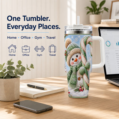 #pl[40oz|White] Snowman Candy Cane 40oz Tumbler with Handle, Christmas Travel Cup