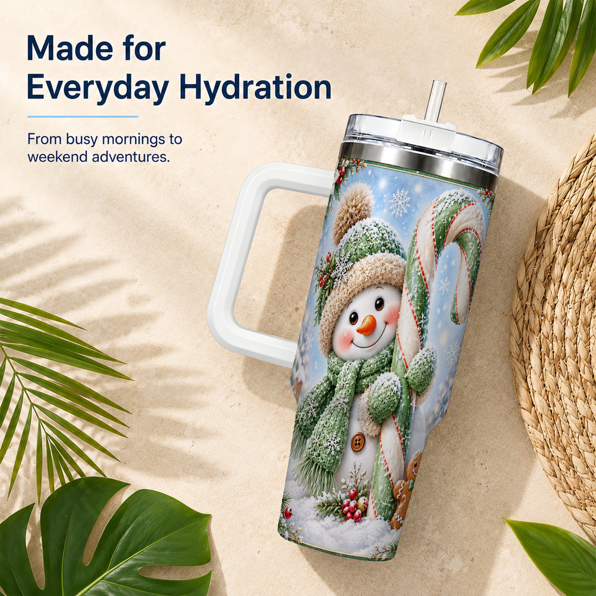 #pl[40oz|White] Snowman Candy Cane 40oz Tumbler with Handle, Christmas Travel Cup