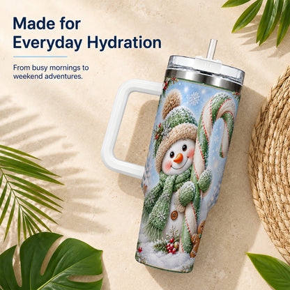 #pl[40oz|White] Snowman Candy Cane 40oz Tumbler with Handle, Christmas Travel Cup