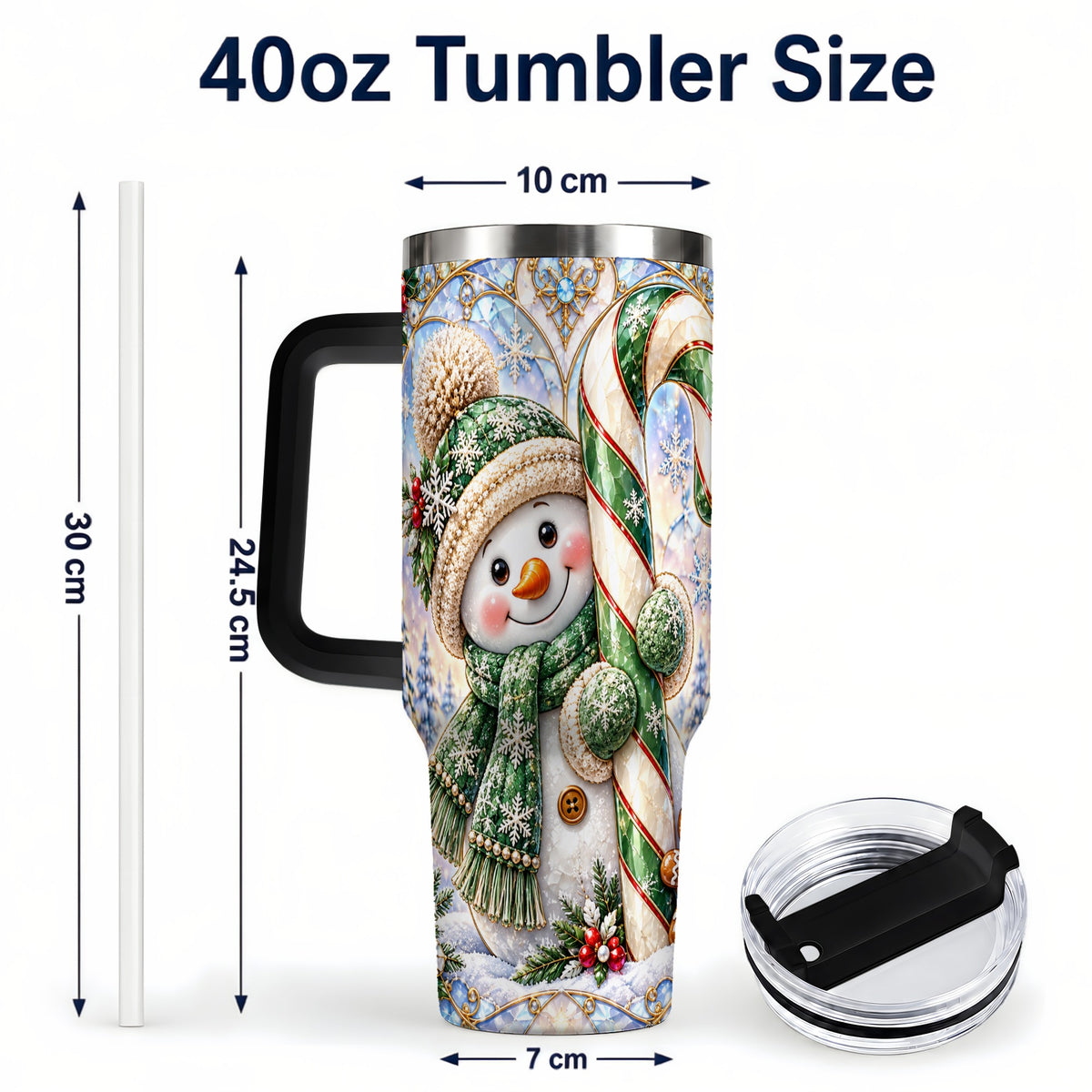 #pl[40oz|Black] Snowman Candy Cane 40oz Tumbler with Handle, Holiday Travel Cup