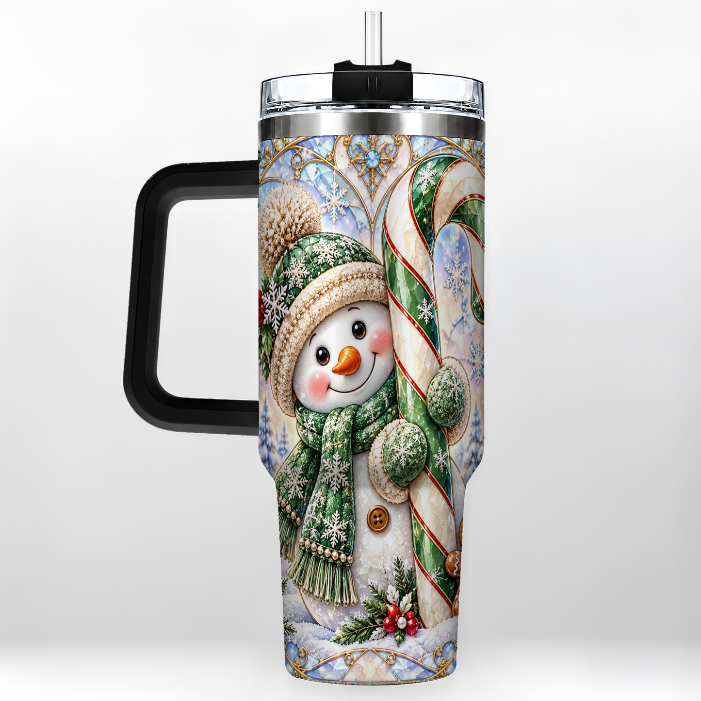 #pl[40oz|Black] Snowman Candy Cane 40oz Tumbler with Handle, Holiday Travel Cup