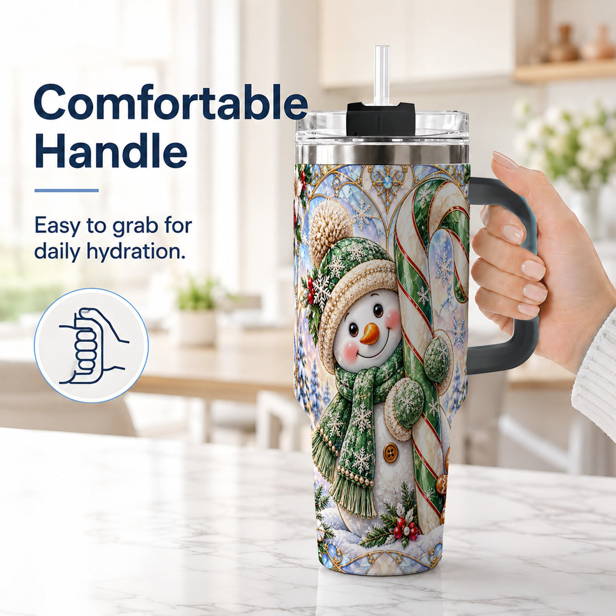 #pl[40oz|Black] Snowman Candy Cane 40oz Tumbler with Handle, Holiday Travel Cup