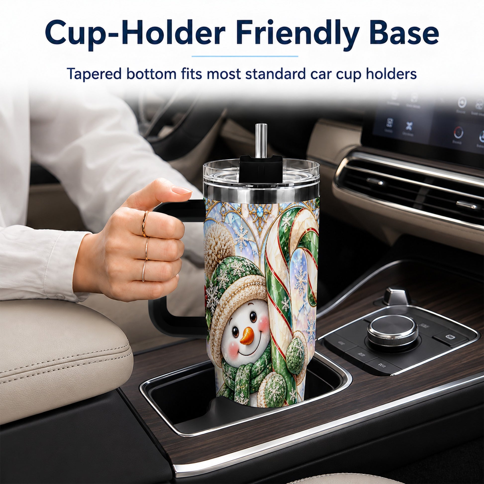 #pl[40oz|Black] Snowman Candy Cane 40oz Tumbler with Handle, Holiday Travel Cup
